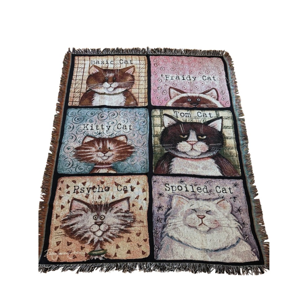Vintage Woven Cat Personalities Tapestry Throw Blanket Fringed 60x46 Kitty Tom